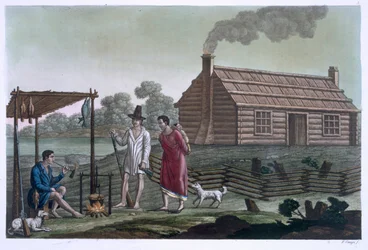 Osage liquidação perto do rio Missouri, de &39;Le Costume Ancien et Moderne&39;, Volume 1 ou 2, placa 3, por Jules Ferrario, publicado c.1820s-30s